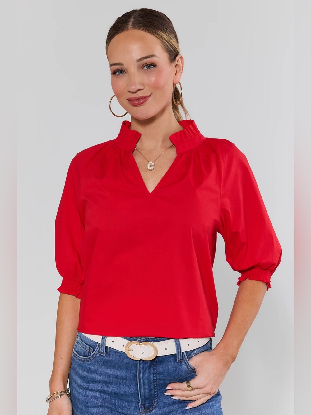 PINCH Red Ruffle SplitNeck Short Puff Sleeves Popover Top Size Medium.